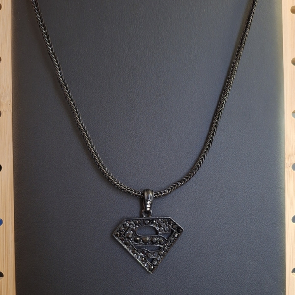 Black Superman Pendant Necklace with Black Sparkle